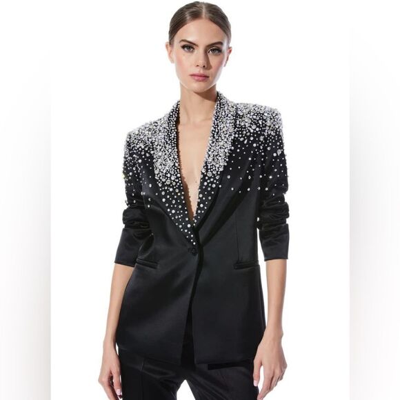 ALICE + OLIVIA Ivan Crystal Pearl Embellished Satin Blazer Black - Picture 1 of 10
